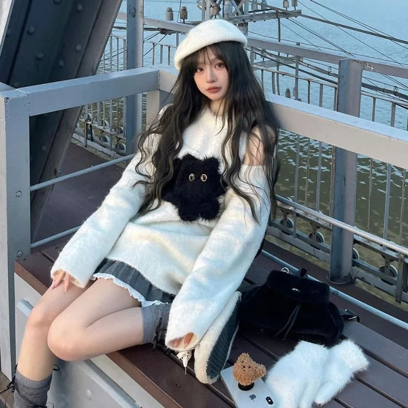 Deeptown Y2K sweter wanita kucing putih bahu terbuka Mode Korea Harajuku pullover rajut ukuran besar kartun Vintage musim gugur