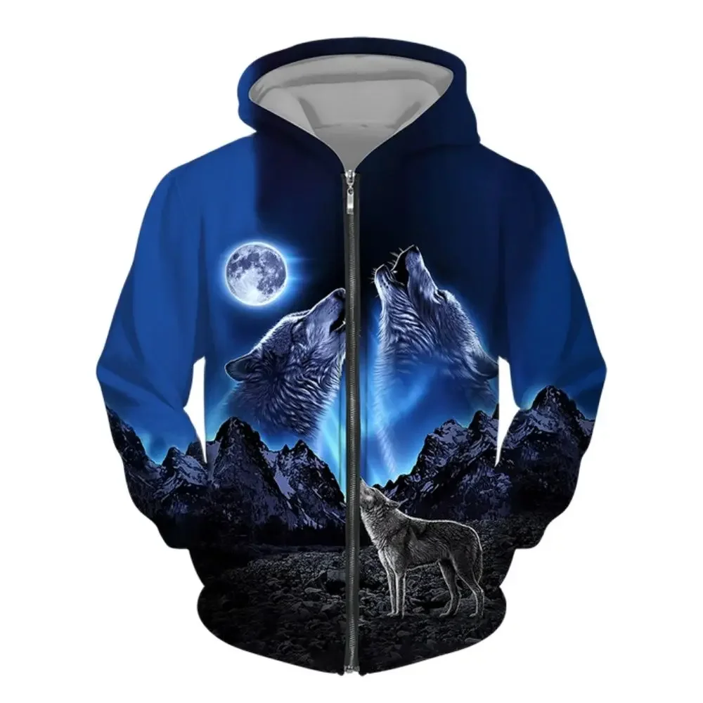 Spring and Autumn Wolf print 3D printed zipper hoodie men\'s and women\'s fashion casual sweater street Harajuku loose jacket