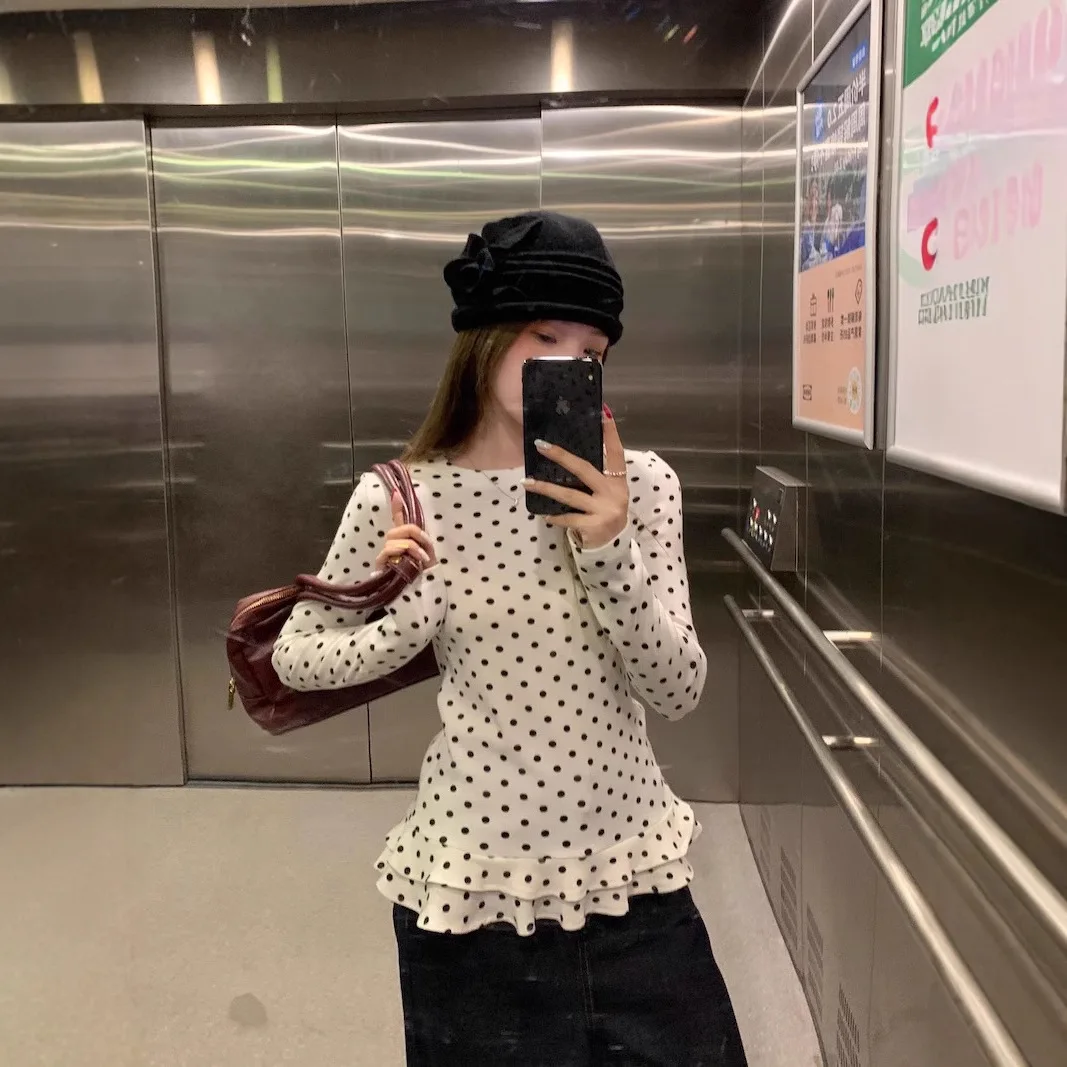 

Korean Style New Ruffle Trim Long Sleeve T-Shirt for Women Polka Dot Thin Interior Top Sweet Shirts Women Clothes Милый Топ