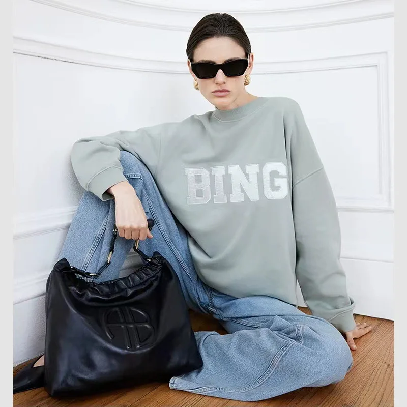 24 Spring New North American Niche AB Classic Patch Embroidered BING Fleece Women's Loose Crew Neck Sweater