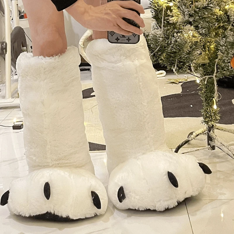 2026 New Cute Bear Paw High Top Fuzzy Slippers for Women, Winter Closed Back Indoor Home Warm Plush Cotton House Shoes