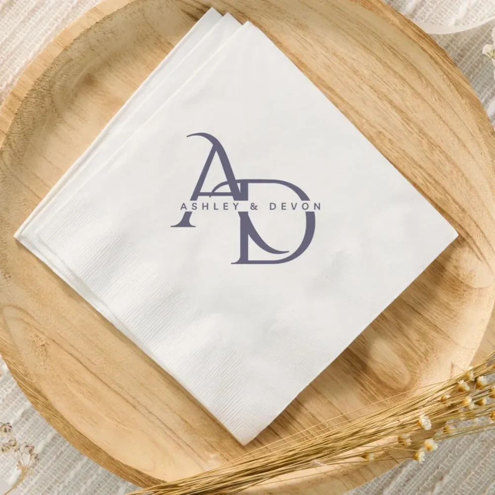 50 Custom Cocktail Napkins Wedding Printed Dinner Napkins Rehearsal Dinner Reception Napkins Monogram Design Paper Napkin Set