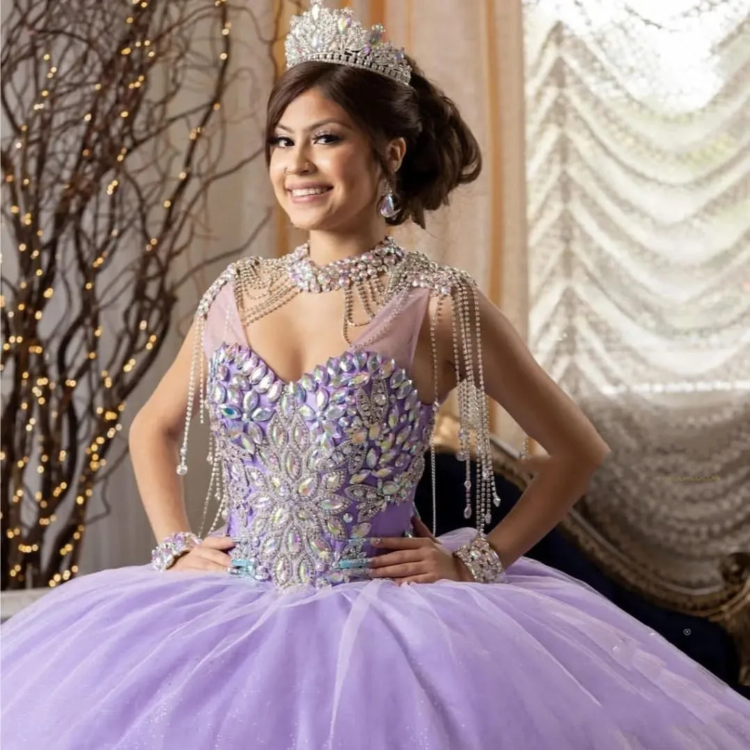 Vestido púrpura De lujo para mujer, traje De princesa con cuentas De cristal y borlas, para fiesta De cumpleaños, 15 Años, 2024