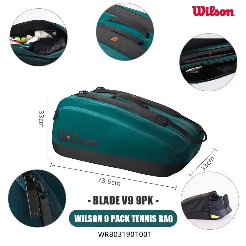 Wilson 2024 Blade Super Tour V9 2/9-Pack Tennis Bag Racquet Backpack Court Tournament Tennis Racket Bag with Thermoguard Lining