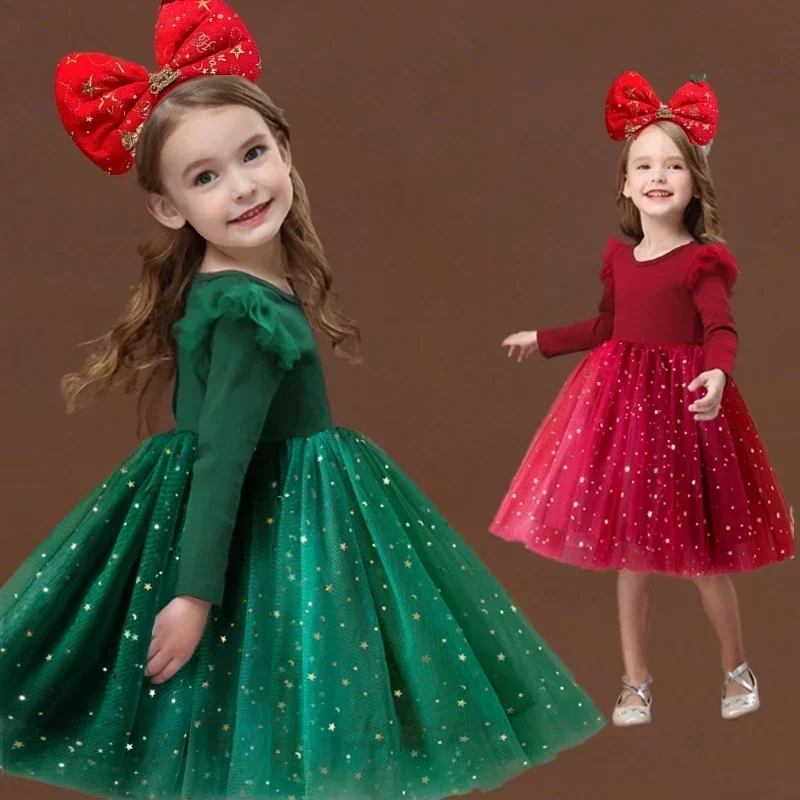 3 to 8 Years Girls Christmas Dress Long Sleeve Autumn Winter Princess Dress for Kids Xmas New Year Party Red/Green Dress