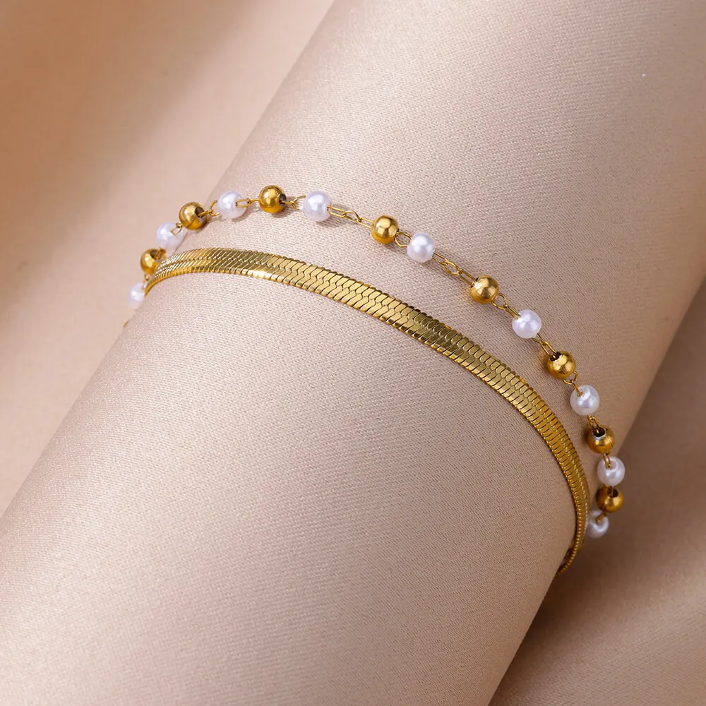 Fashion Pearl Anklets For Women Gilrs Gold Color Stainless Steel Double Layer Snake Chain Anklet Foot Leg Summer Jewelry Gift