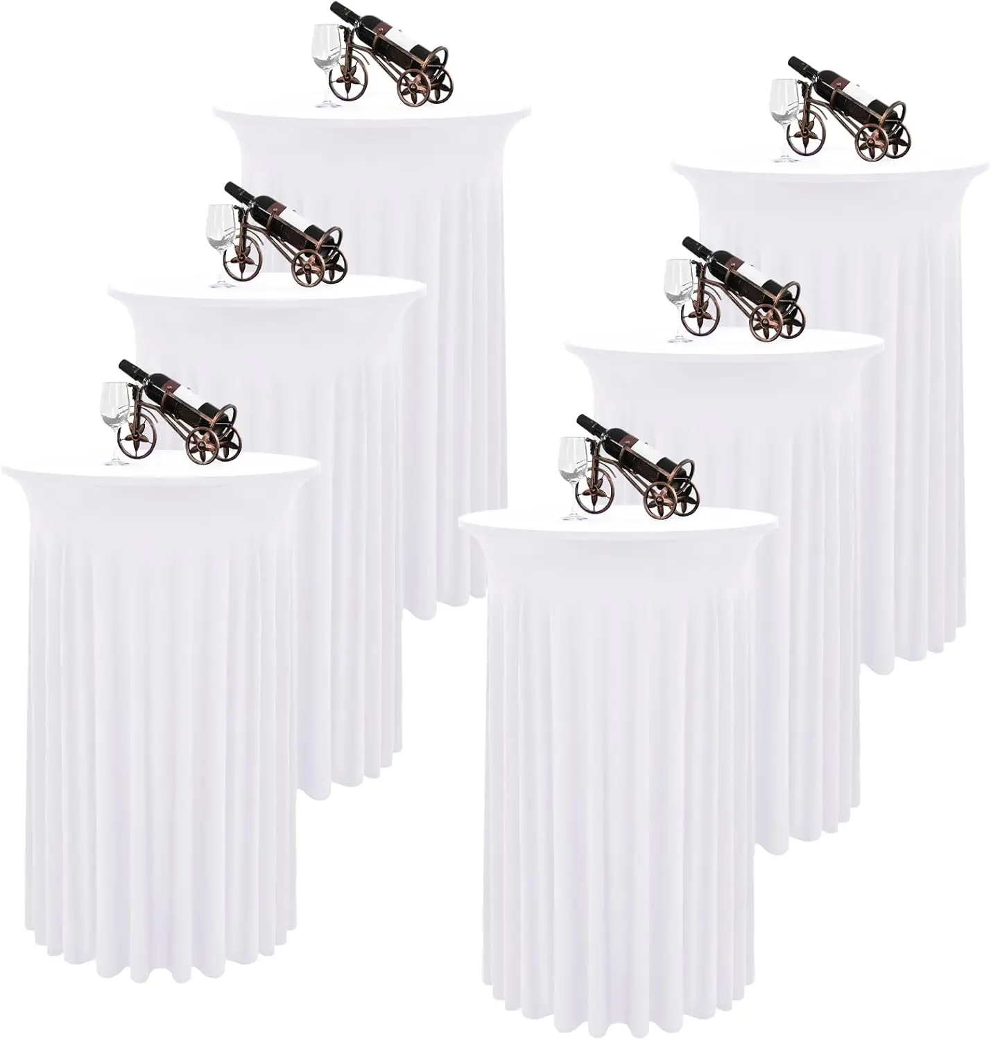 

6 Packs Round Cocktail Table Skirt 32"x43" Spandex Stretch Tablecloth with Wavy Drapes, White High Top Table Covers for Wedding