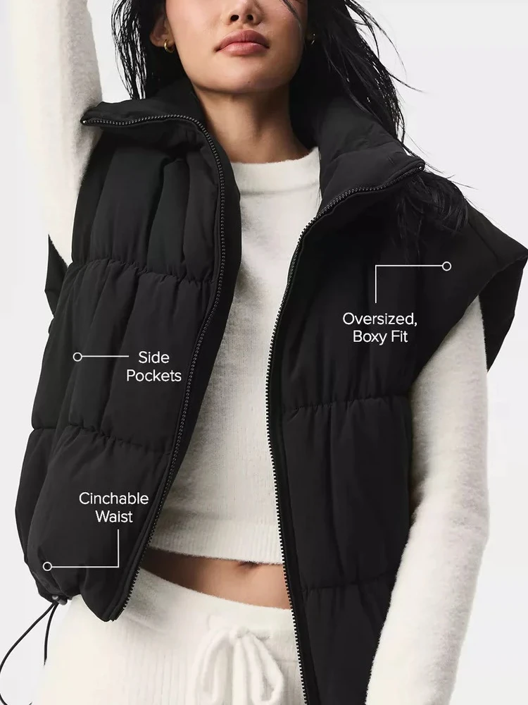 

Winter Women's Cotton Vest Casual Stand Collar Warm Jacket Sleeveless Drawstring Adjustable Waist Loose Solid Waistcoat Women