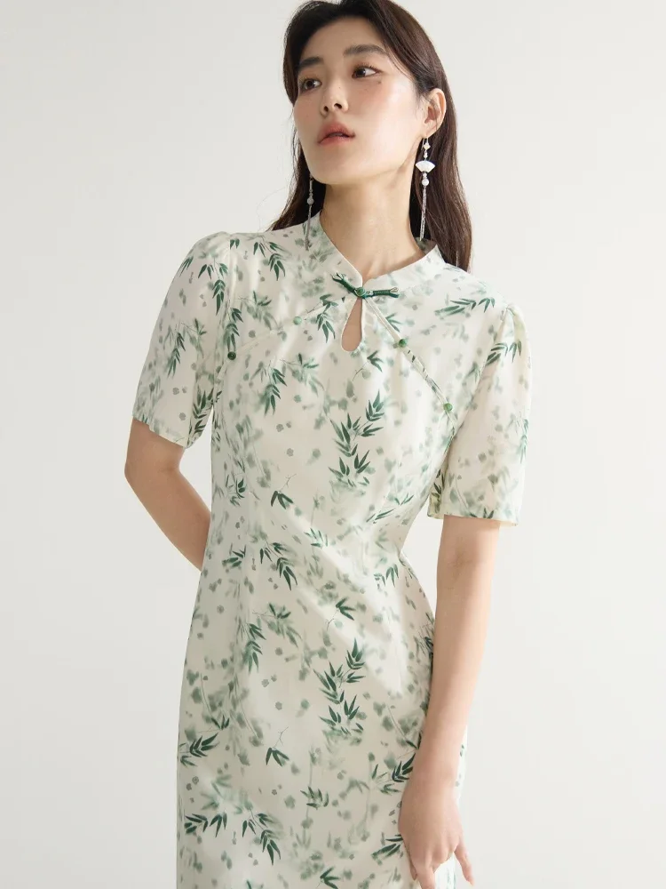 DUSHU New Chinese Style Stand Collar Women Cheongsam Dress Printed Design Female Summer Long A-LINE Dresses 24DS82430