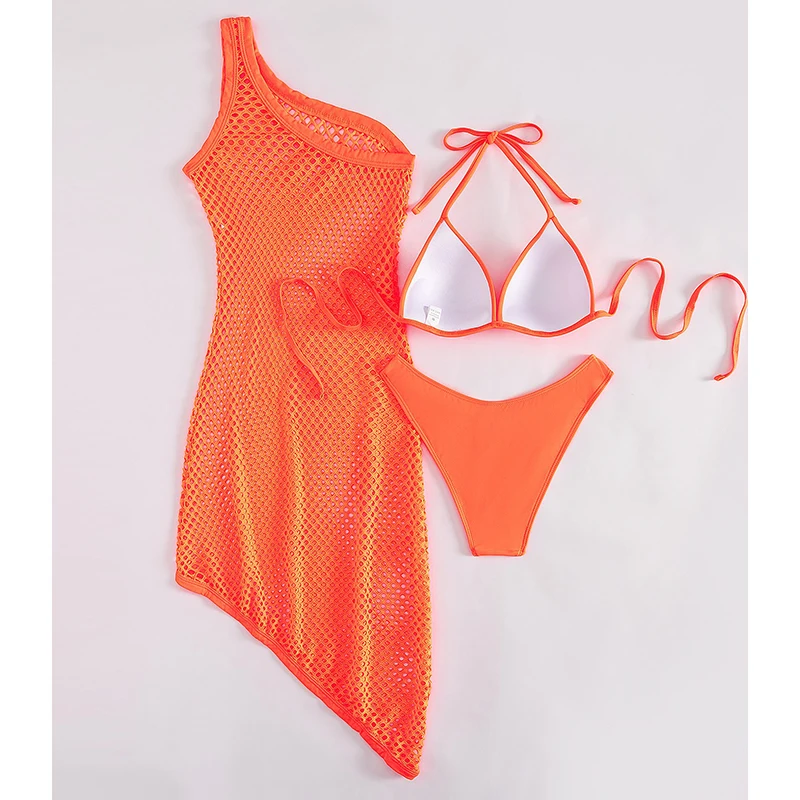 비키니 세트 수영복 여성 섹시 트라이앵글 레이스업 끈 마이크로 비키니 원숄더 드레스 커버업 2025 신상 비치 3피스 수영복