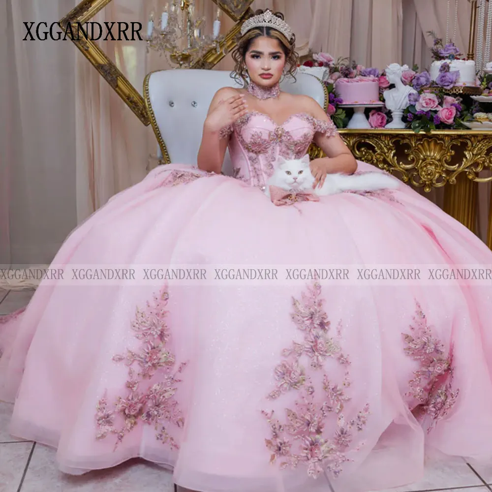 Nuovo vestito Quinceanera Sweetheart Princess Flower Applique Lace Vestidos De 15 aecos Sweet Formal 16th Birthday Party Ball Gown