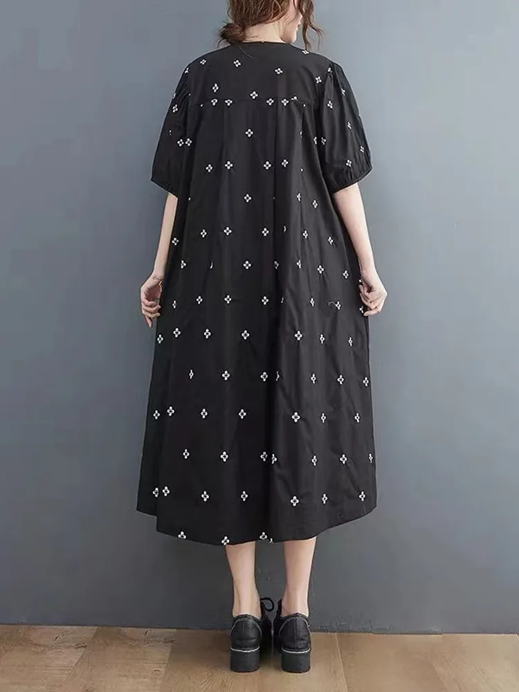 루즈핏 자수 코튼 버블 슬리브 브이넥 맥시 드레스 여성 플러스 사이즈 여름 슬리브리스 한국 버전 A라인...