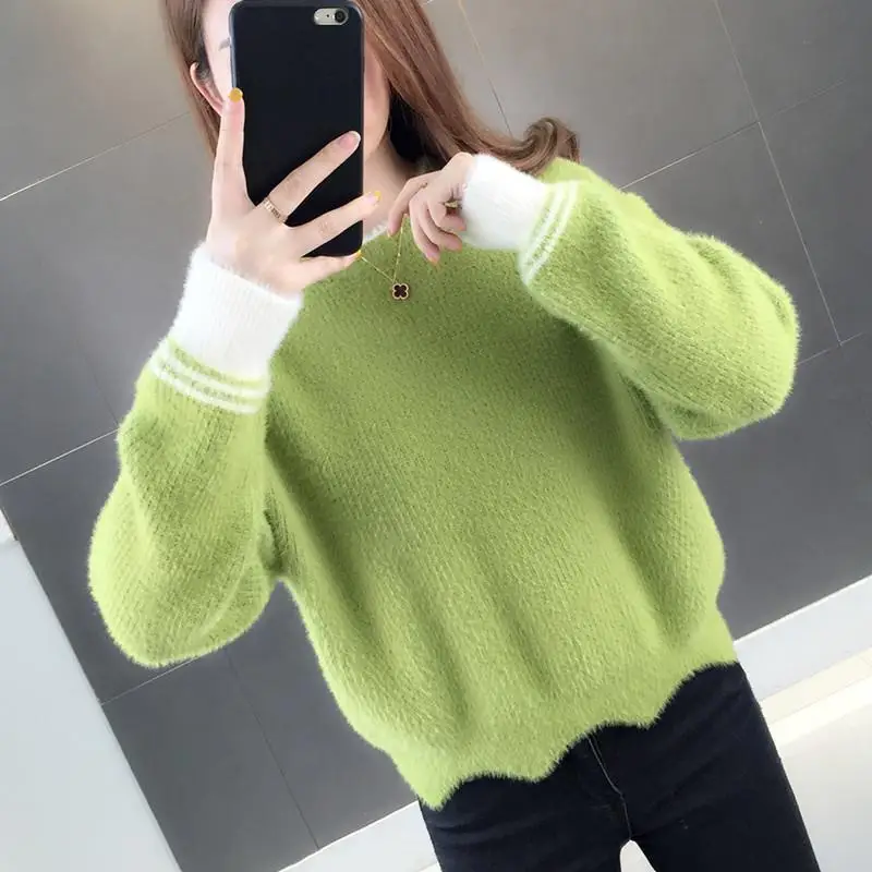 Women Autumn and Winter New Fashion Candy Color Round Neck Pullover Mink Plush Sweater Loose Casual Thickened Long Sleeves Tops