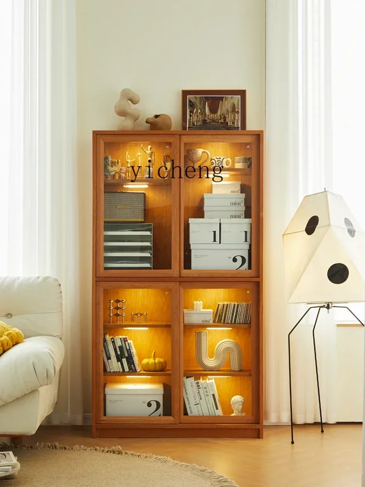 b11-furniture all solid wood bookcase rattan storage living room glass door free combination lattice cabinet