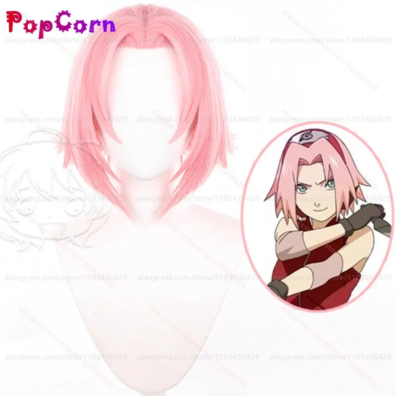 Peluca de Cosplay Haruno Sakura Unisex, peluca corta esponjosa de color rosa claro de 35cm, pelucas de Cosplay de Anime, pelucas sintéticas resistentes al calor
