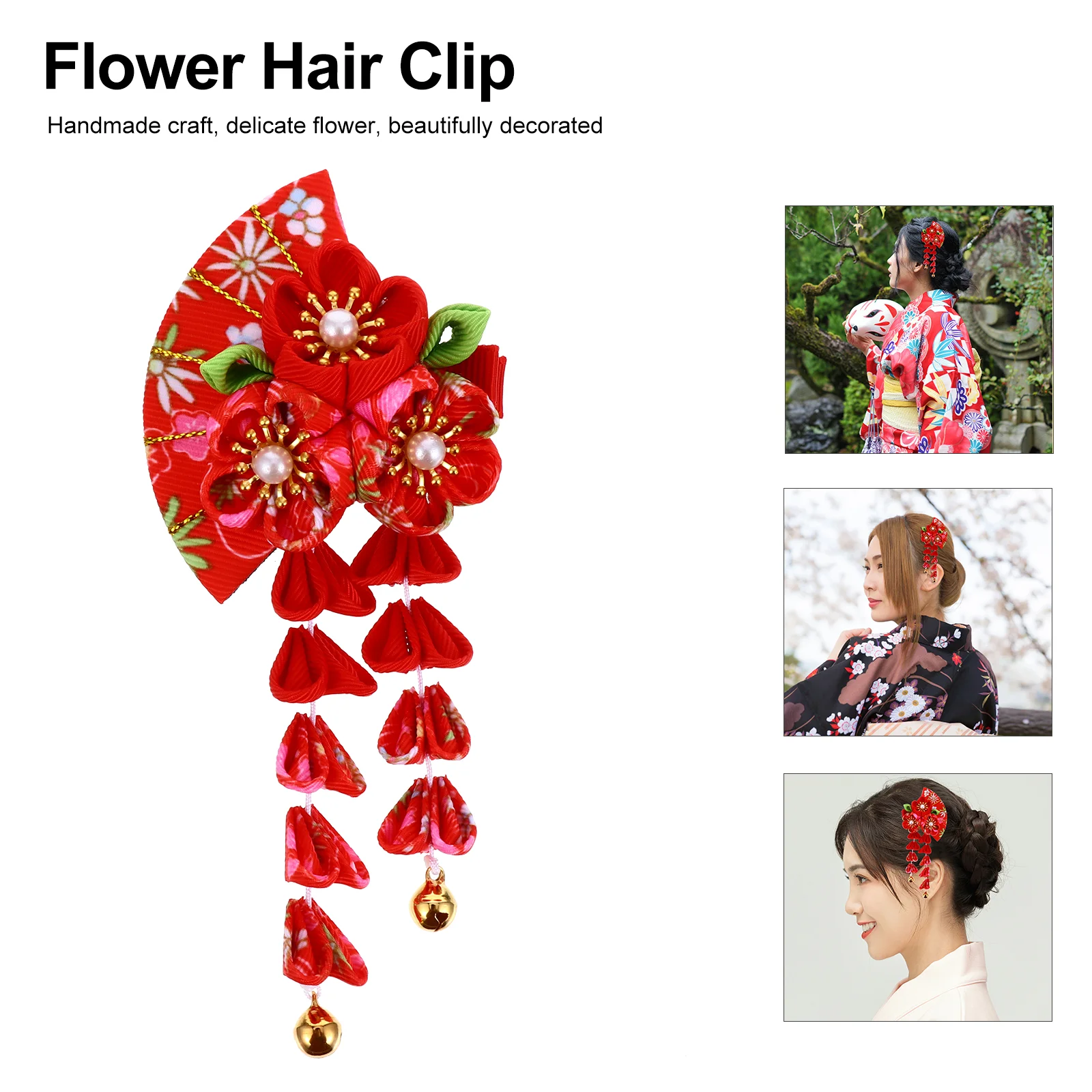 Accesorio para el cabello con campana y borlas, Clip para niños, abanico de estilo japonés, decoración creativa, tocado de plástico con forma