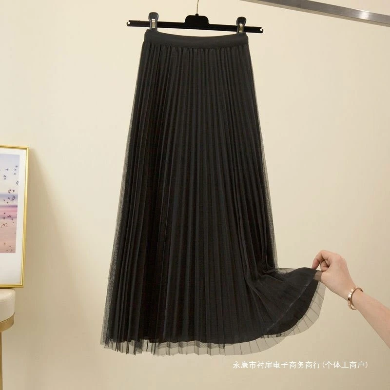 

2024 New Design Reversible Mesh Skirt Women Summer High Waist Pleated Midi Flowy Elegant Two Layer Chiffon Skirts