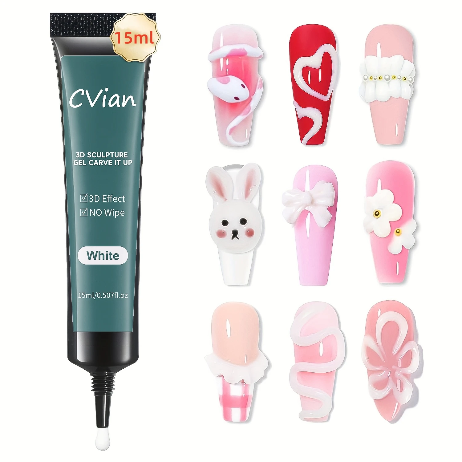 15g 3D Sculpture Gel for Nails | Clear, No Wipe, Chrome Design, Gem Jewels, Soak-Off LED Curable, Easy-to-Application
