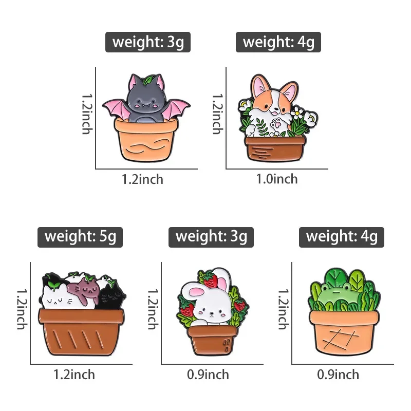 Potted Animals Enamel Pins Cute Bat Cat Rabbit Frog Dog Brooches Lapel Badges Animal Jewelry Gift for Kids Friends Wholesale