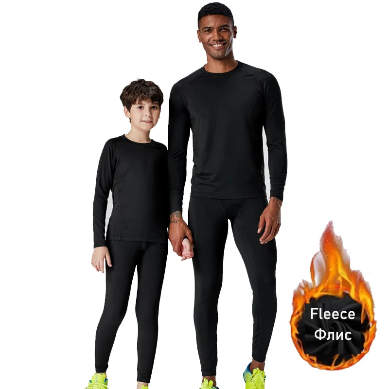 Men\'s Winter Thermal Underwear Zip Black Shirt Bottom Fleece Warm Tracksuit Second Skin Compression Tight kids thermal underwear