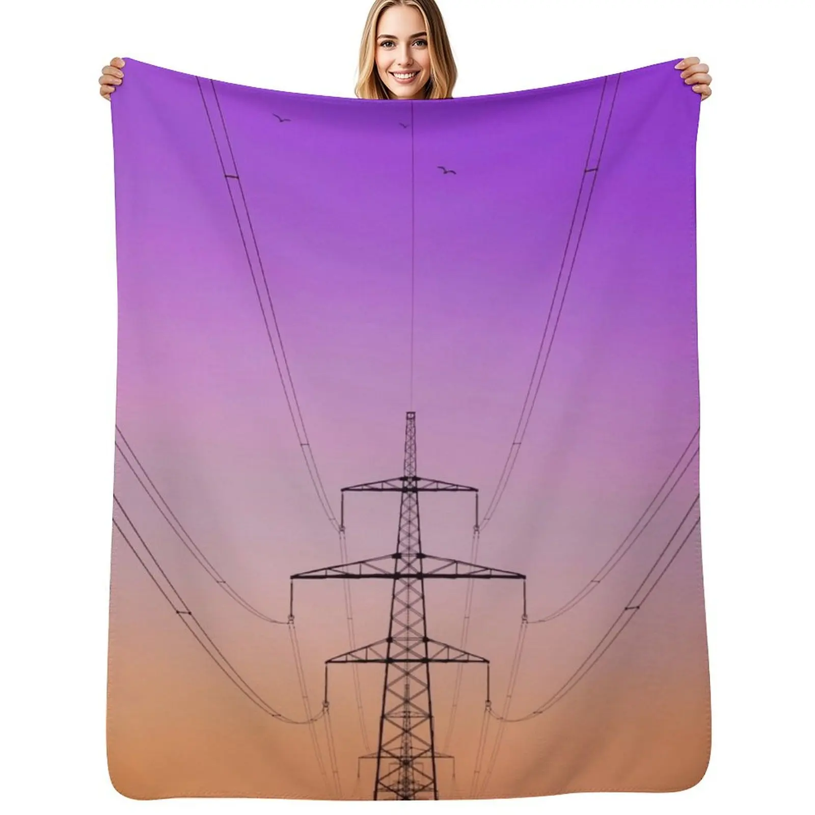 Electric Power Line Pylon With Purple And Orange Gradient Throw Blanket Furry Sofa Quilt Vintage Designers Furrys Blankets
