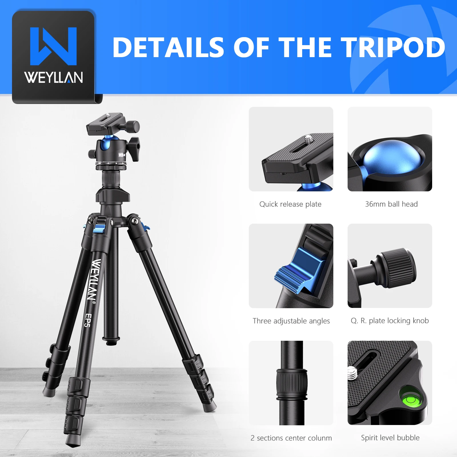 Weyllan EP5 Light Travel Professional Tripod Aluminum Alloy Tripod Arca Siwss 38mm Ball Head Light tripod Fast Flip Lock