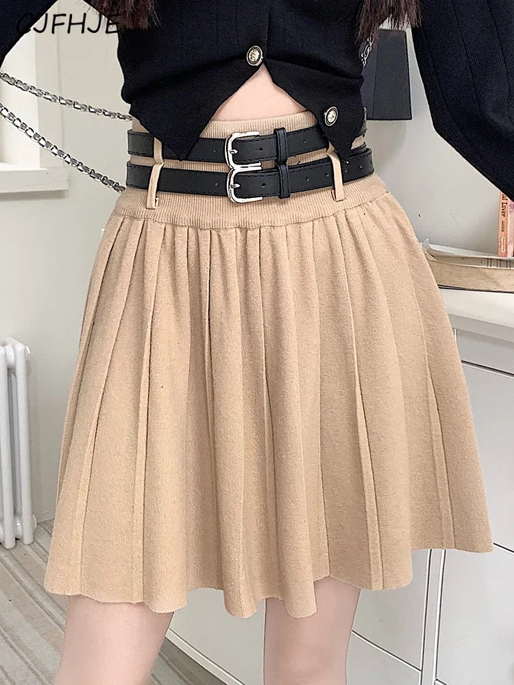 CJFHJE Pink Double Belt Knitted Pleated Mini Skirts High Waist Loose Casual A-Line Khaki Skirts Solid Color Korean Fashion Skirt