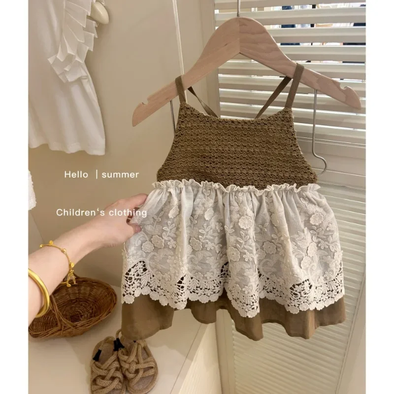 Boutique Kids Summer Clothes Baby Girls Lace Stitching Dress Toddler Lolita Slip Dress Kawaii Brown Linen Dress Cotton 1-7y