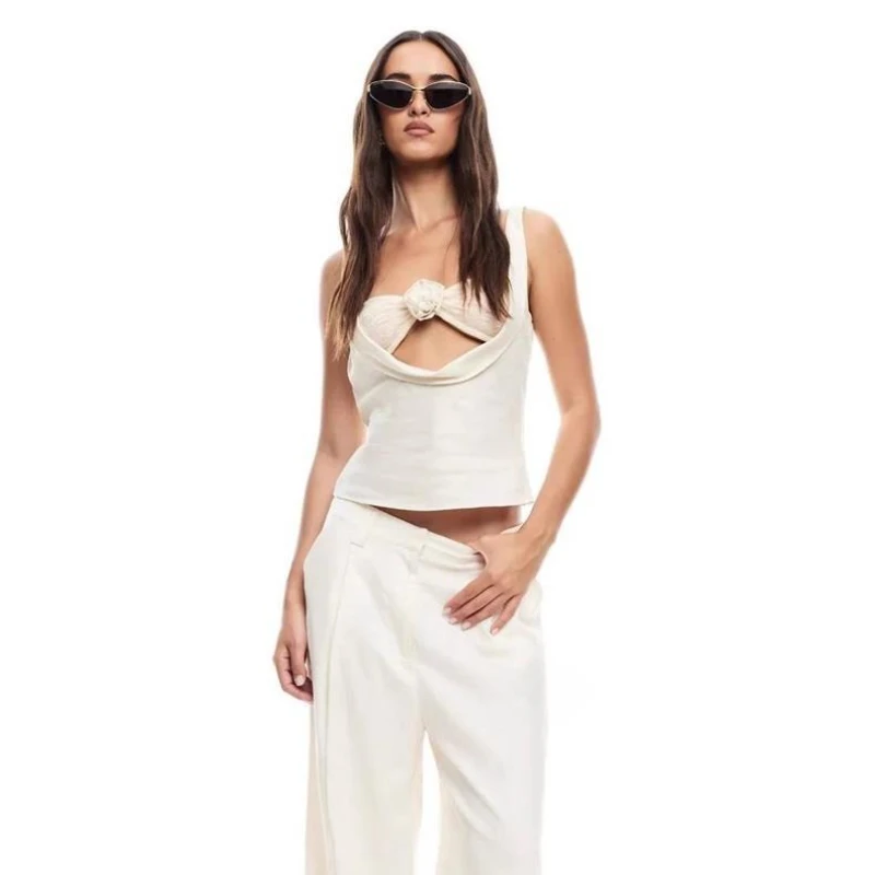 

Lioness sexy linen three-dimensional flower lace halter two-piece top and trousers straight, loose