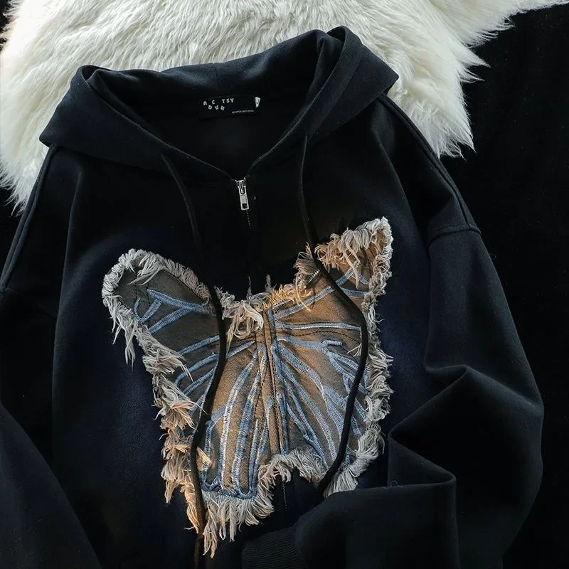 

American Street Patch Designs Hoodie Women Y2k New Harajuku Thickening Zipped Sweatshirts Couple Loose Hip-hop Tops