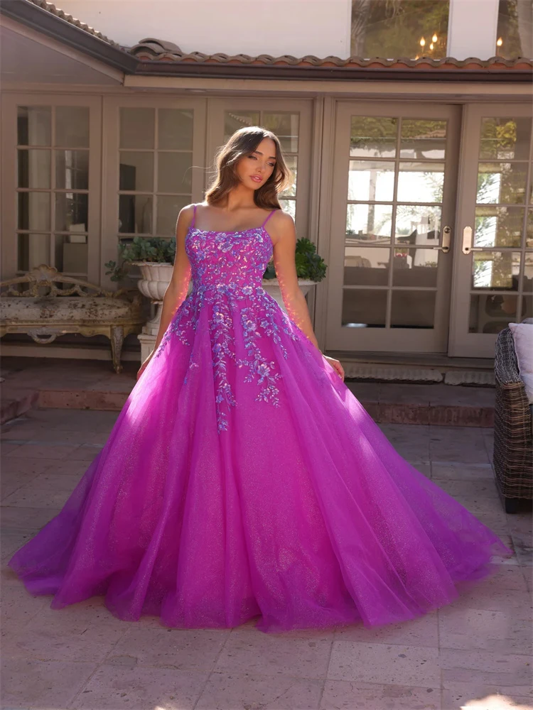 Elegant Square Neckline Applique with Thin Straps Sleeveless Tulle A-Line Prom Dress Open Back Zipper Sweep Train Party Gowns