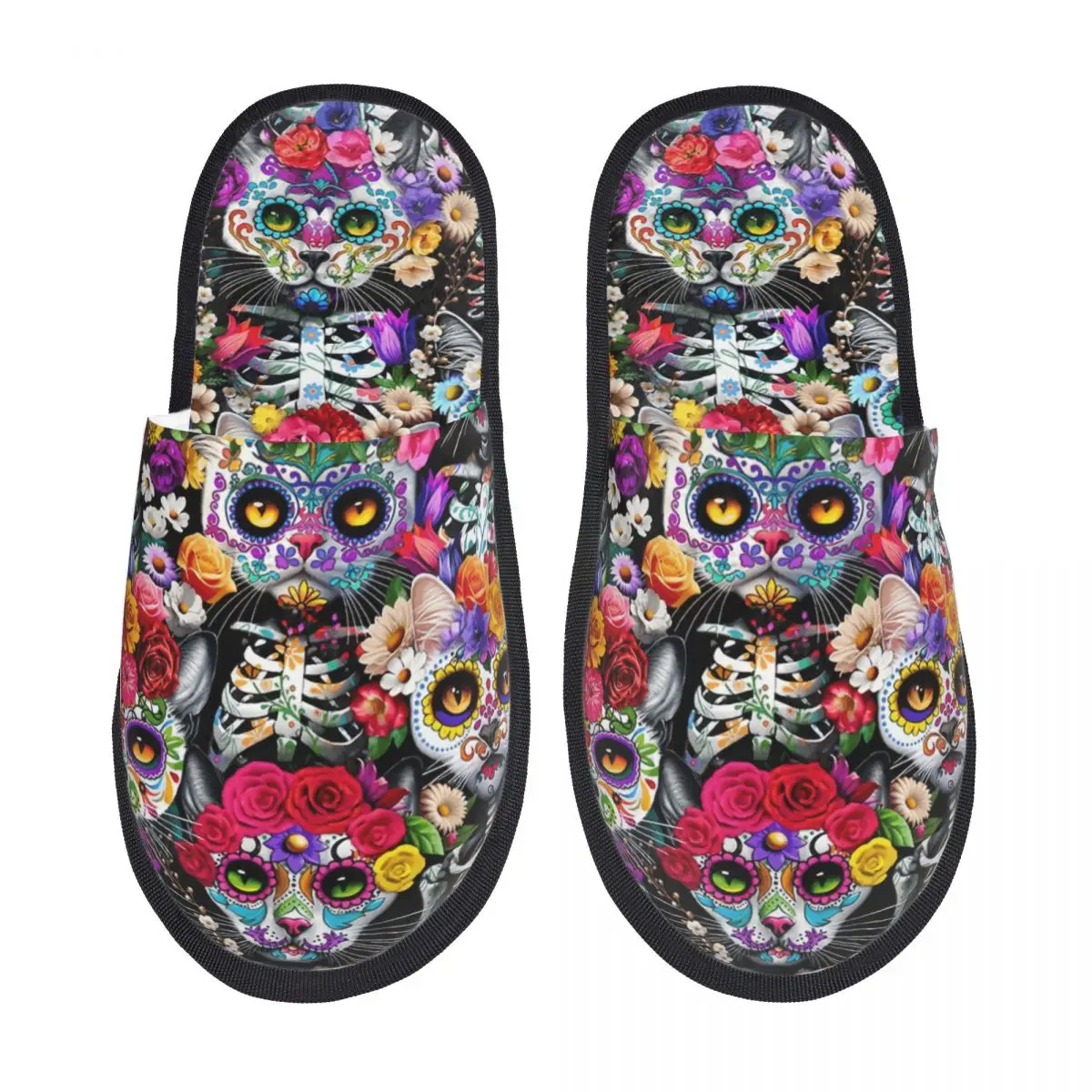 Custom Print Women Day Of The Dead Skeleton Floral Cats House Slippers Soft Warm Memory Foam Fluffy Slipper Indoor Outdoor Shoes