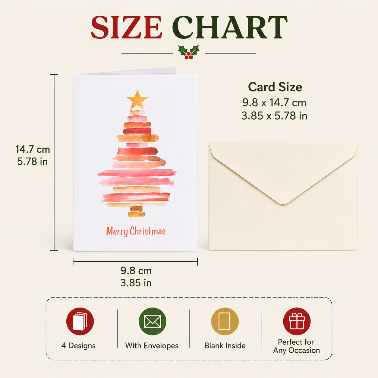 1 PC Watercolor Christmas Tree Card Set with Envelopes Blank Inside Premium Paper Holiday Greeting Cards 4 Patten Designs