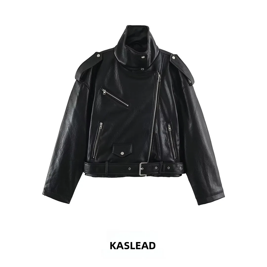 KASLEAD New Women's Fashion High-End Leather Motorcycle Jacket Coat Short Sleeve Zipper Closure Polyester Fiber 100%