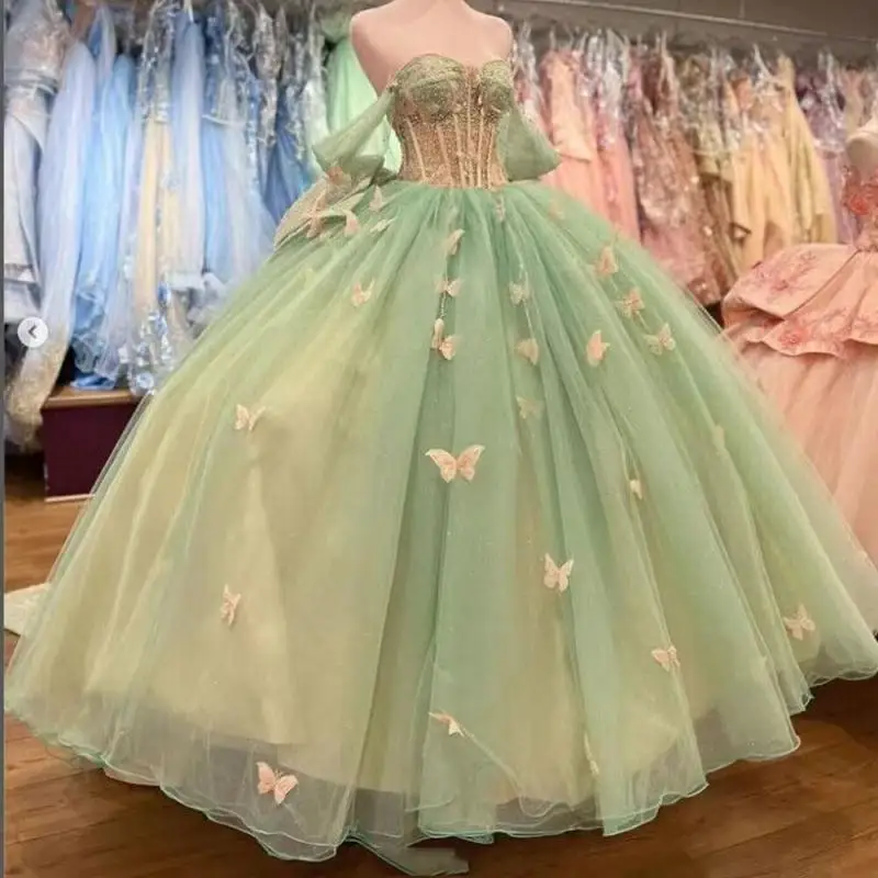 Soff-the-shoulder Tulle Butterfly Stickers Adult Ceremony Green Forest Series Simple Ball Banquet Evening Dress Customized