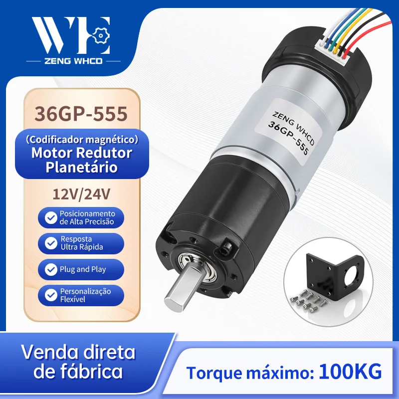 Motor de redução de engrenagem planetária 36GP-555 com sensor e codificador de efeito Hall, motor de engrenagem totalmente metálico de 12V-24V, motor DC de alto torque