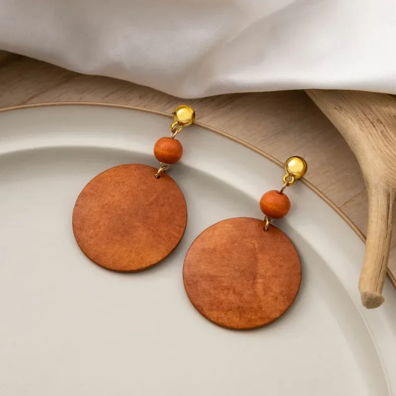 Vintage Simple Round Wooden Dangle Earrings for Women Girls Personality Hollow out Wooden Geometric Dangle Earrings Jewelry Gift