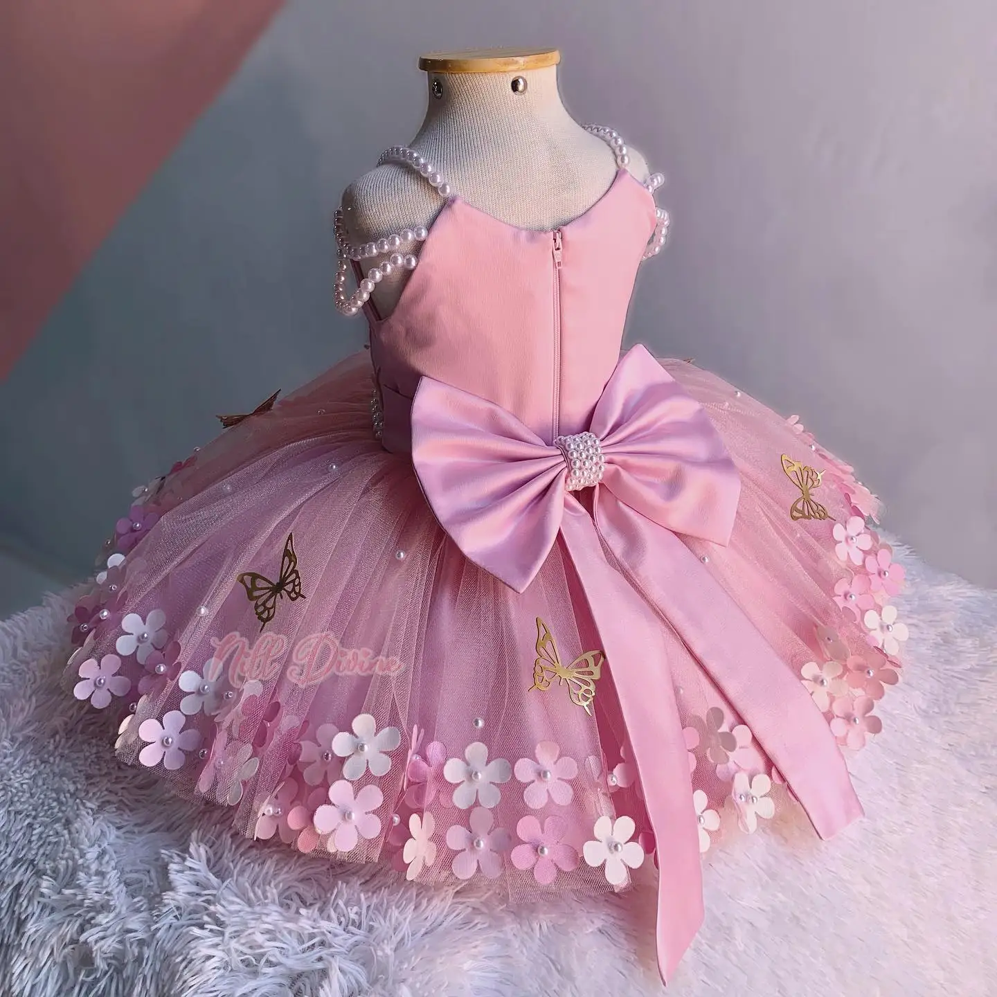 Pink Floral Flower Girls Dresses For Weddings Customized Butterfly Pearls Birthday Children Tulle Dress Girl Pageant Gowns