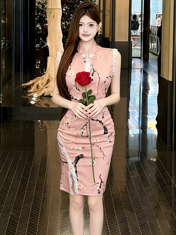 

Элегантное роскошное мини-платье 2026 года с розовым цветочным принтом, кружевом и разрезом, облегающее, в корейском стиле, для дня рождения, вечеринки, фестиваля, женское, летнее