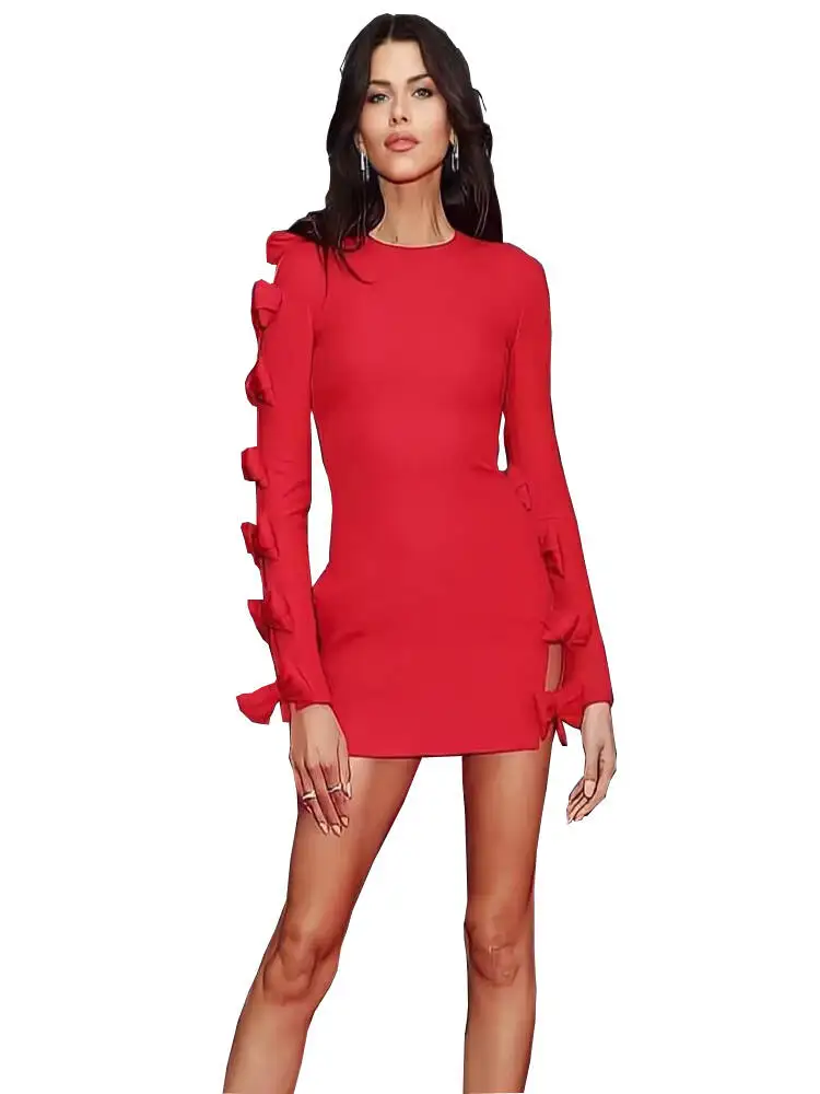 Red Mini Women's Bandage Dress with Side Bow Long Sleeve Design Festive Vest Celebrity Evening Runway Party Dresses New Arrival