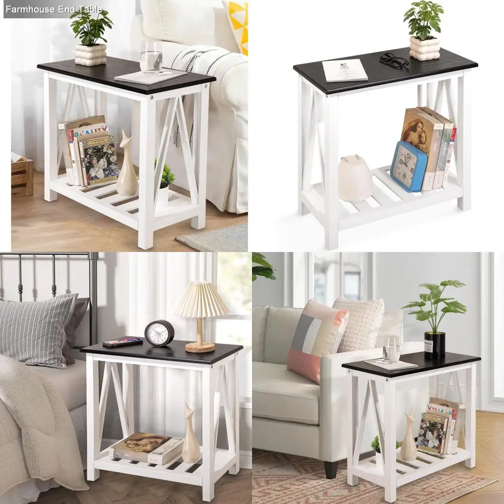 

Узкий приставной столик в стиле фермерского дома с полками - черно-белая прямоугольная прикроватная тумбочка для дивана, небольших помещений, гостиной, спальни
