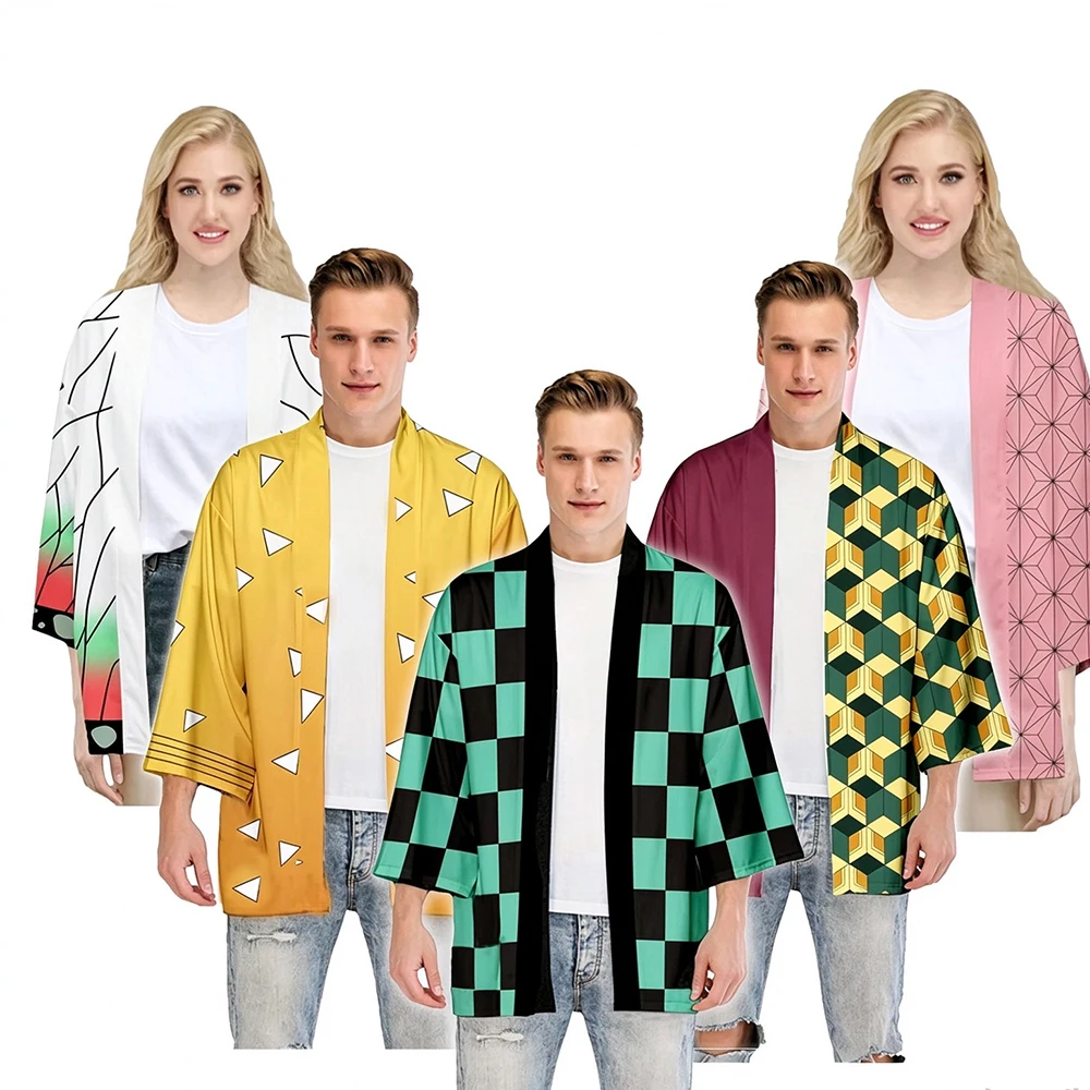 Demon Killer Cartoon 3D Print Kimono Cardigan Unisex Style Jacket Anime Cape Half Sleeve Cosplay Costume Adult Children's Set