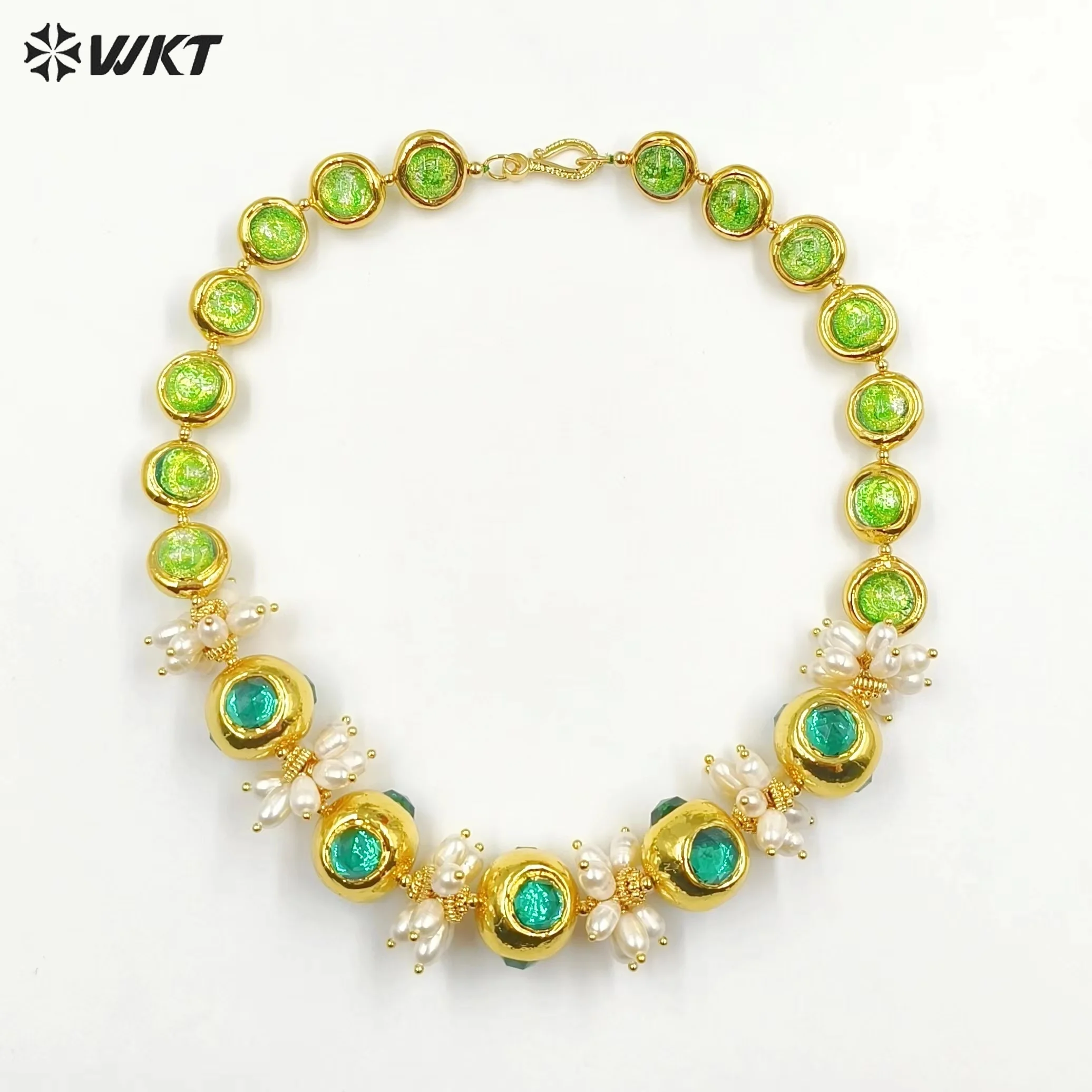 WT-JN251 Newest Fashion Green Round Handmade Wire Wrapped Murano Beads With Natural Real Pearl Precious Lady Party Necklaces