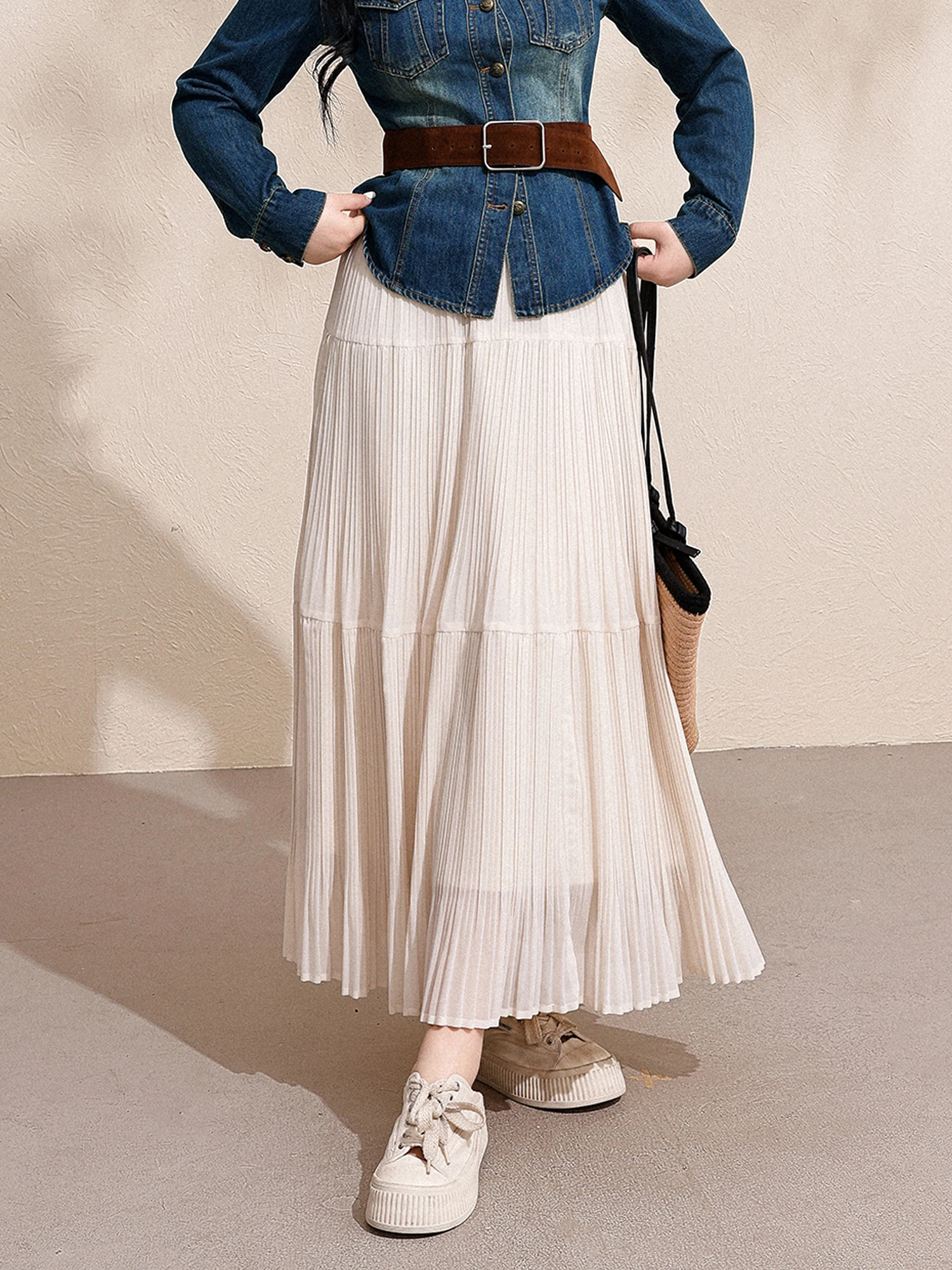 

Праздничная юбка-трапеция с высокой талией, плиссированная, драпированная, универсальная, весенняя, стройнящая, больших размеров, женская повседневная дышащая юбка