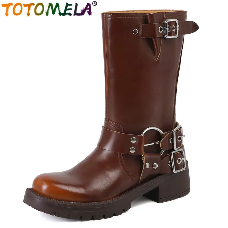 TOTOMELA New Genuine Leather Boots Women Punk Buckle Mid Calf Boots Square Med Heels Autumn Motorcycle Platform Boots