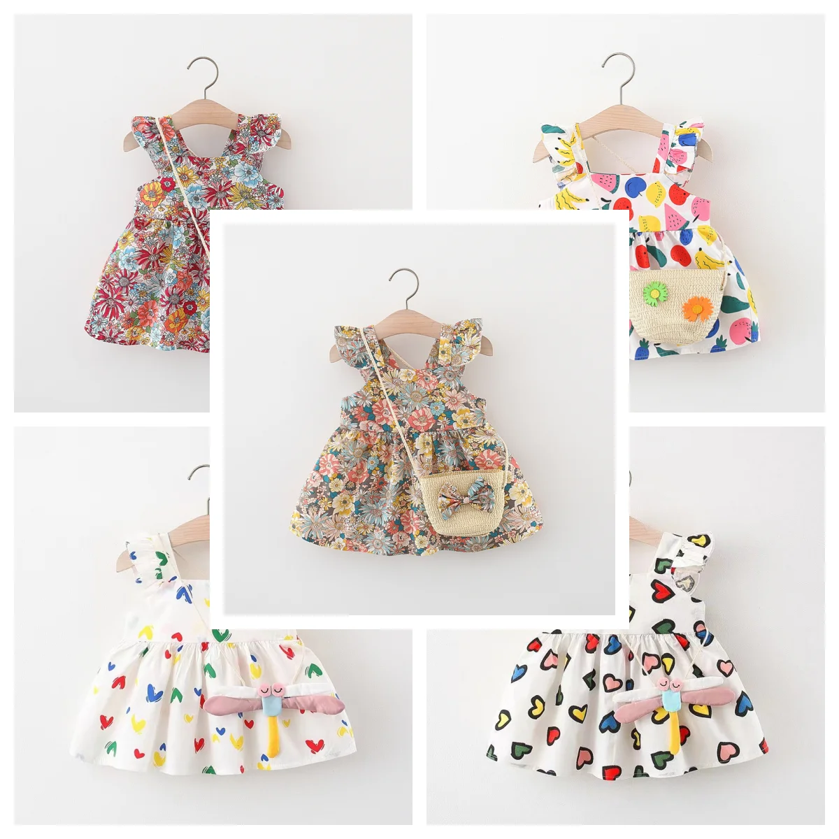 A 2-Piece Set Of Summer New Girls\' Small Flying Sleeves Printed Casual Dress+Bag Suitable For Babies Aged 0-2 Years Old