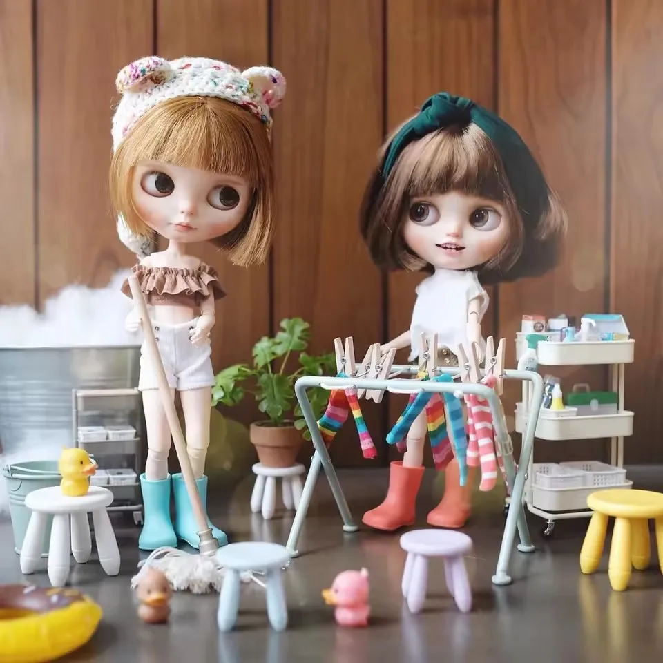 Aizulhomey Kim Loại Trống Máy Giặt 1/6 Chuột Nhà Búp Bê Đồ Nội Thất OB11 BJD Lol Blyth Búp Bê Phụ Kiện Nhà Bếp Xô Lau Nhà Đồ Chơi