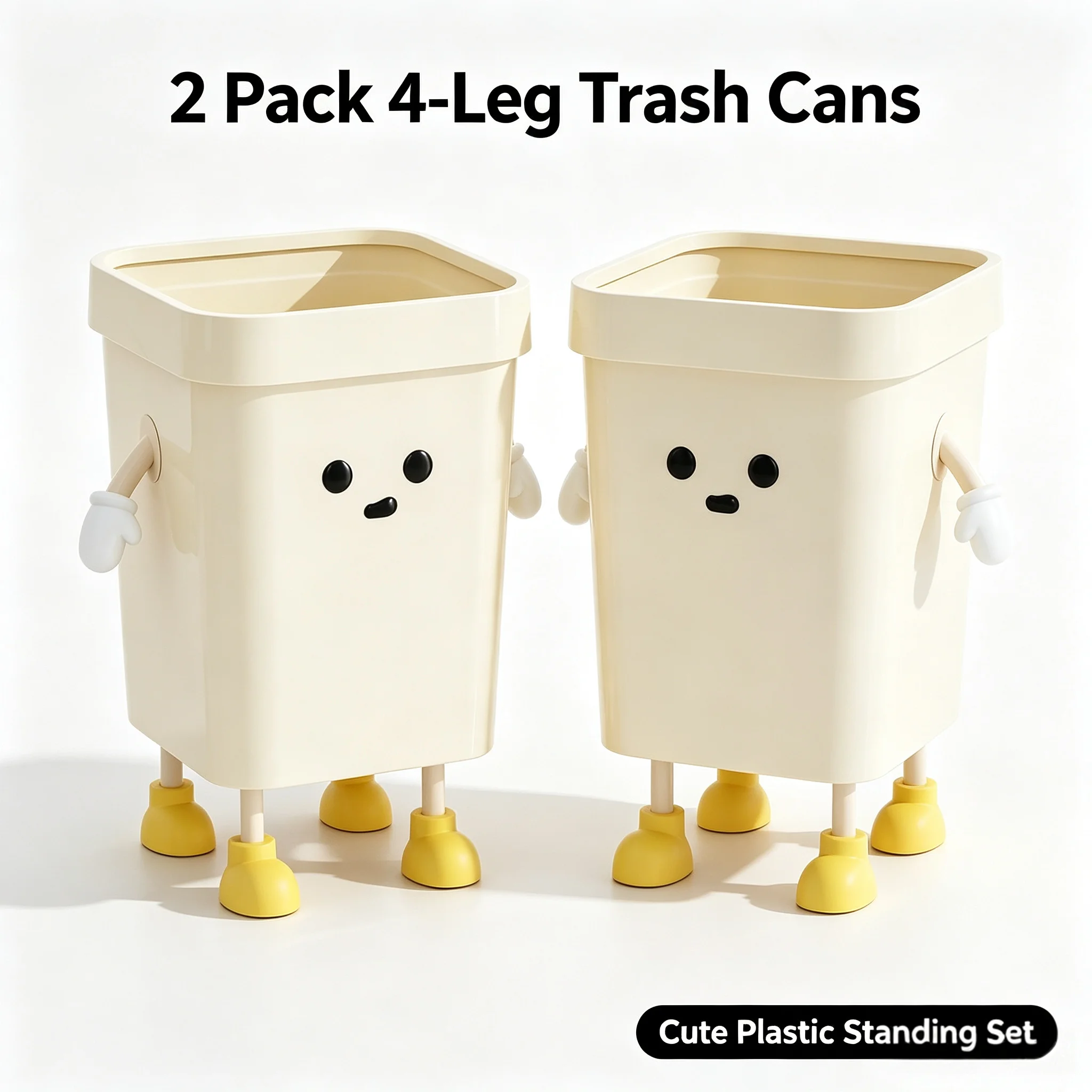 Kawaii Standing Figure 12L Trash Bin 2 Pack with Press Ring, Cute Square Desktop Garbage Can, Cartoon Waste Container for Office, Dorm & Apartment