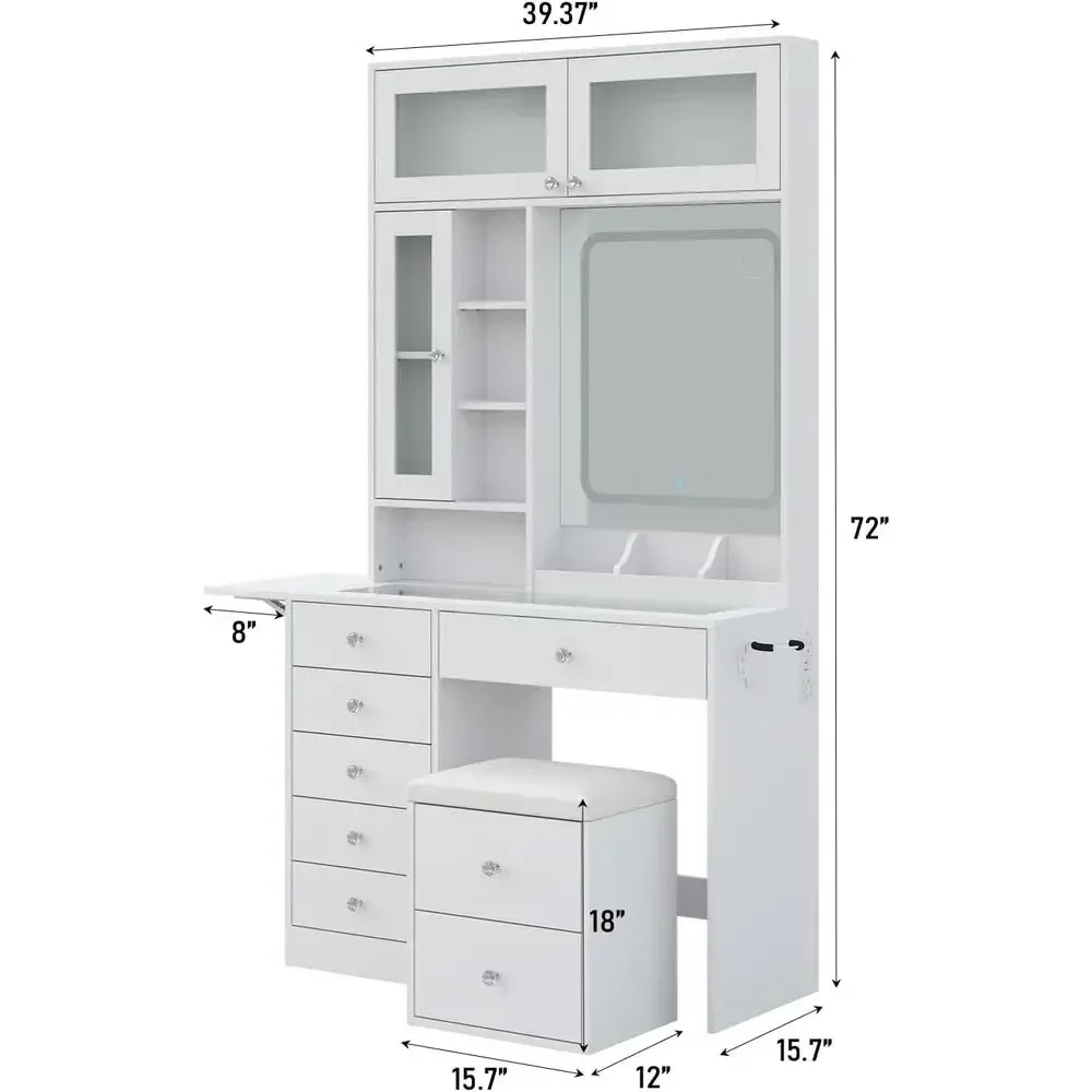 72 Tall LED Mirror Vanity Desk with Charging Station, Makeup Storage, 2 Cabinets & 3 Shelves, White