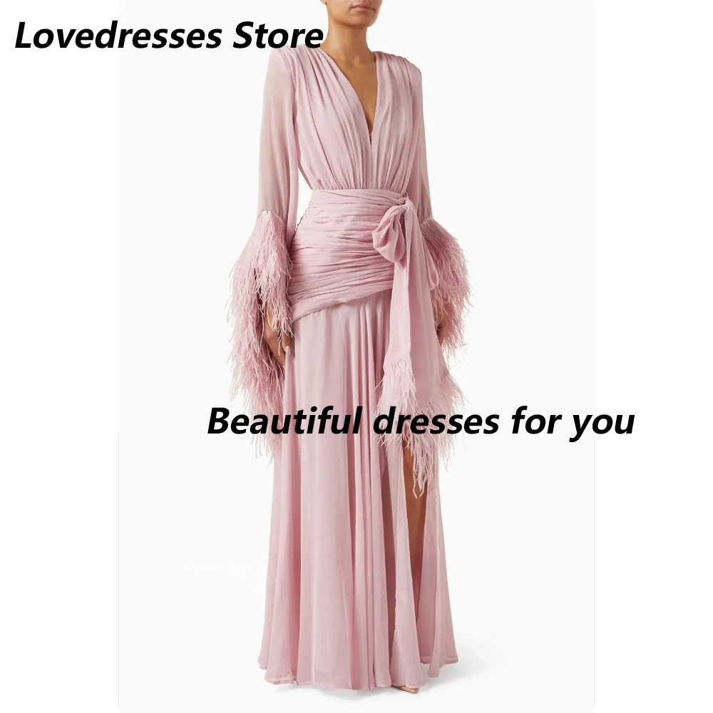 Pink Evening Dress Customized V-Neck Full Sleeves Feather Chiffon Prom Dresses for Women Evening Gowns Formal Party Dress 2026